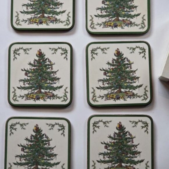 Spode Christmas Tree Coasters Drink Cork Back Pimpernel England Set 6 Boxed - Picture 5 of 5